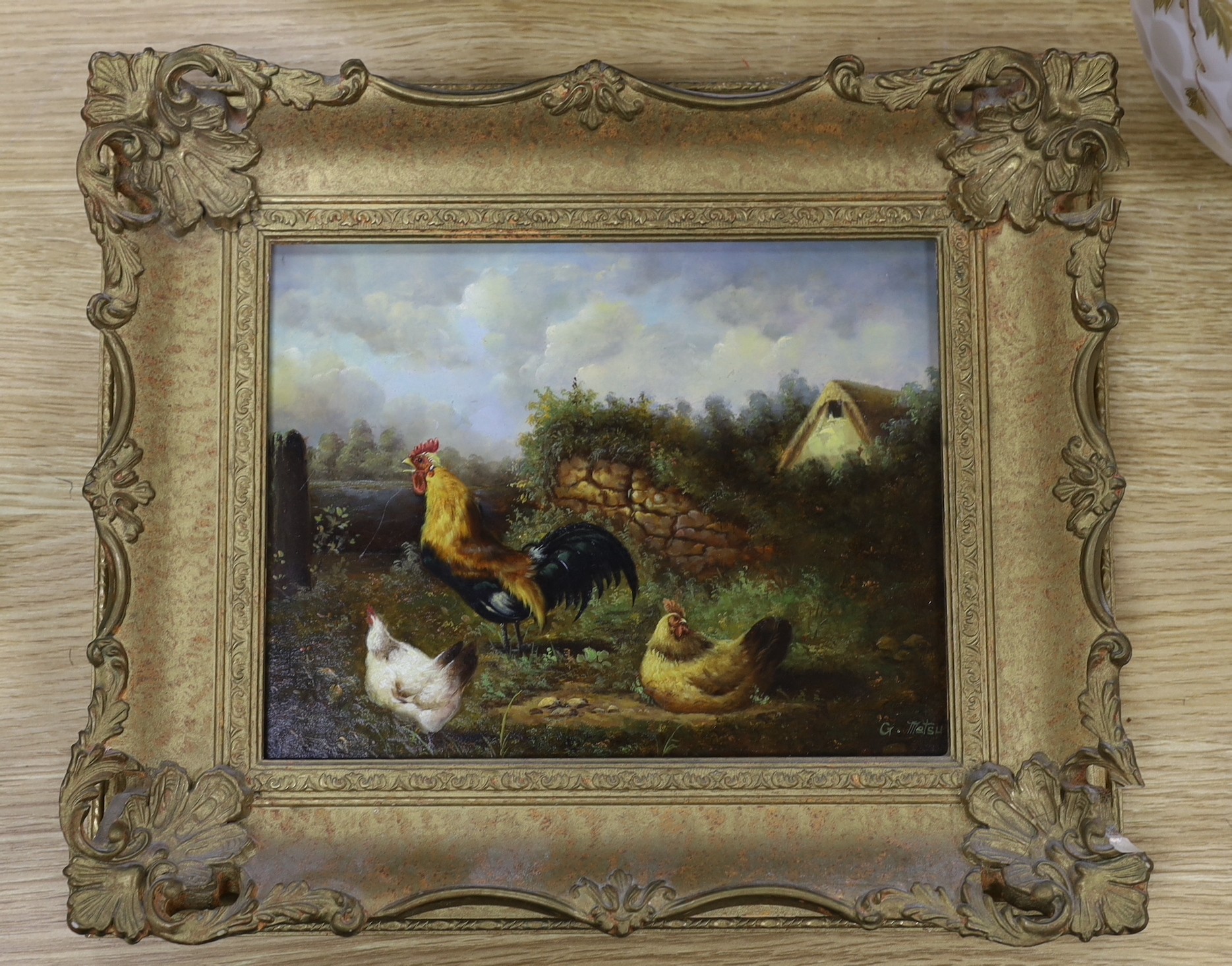 G. Metsu, oil on panel, Chickens in a landscape, signed, 17 x 22cm